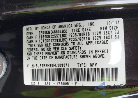 2015 Acura Rdx z USA, uszkodzony, nr VIN 5J8TB3H30FL009071